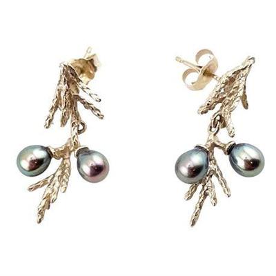 Black Pearl and Sterling Silver Coral Design Earrings