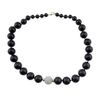 Carved Green Jade and Graduated Onyx Bead Necklace
