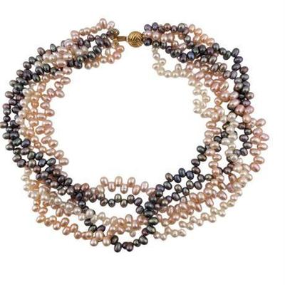 Freshwater 7mm Pearl, Peacock, Pink and White, Five Strand Necklace