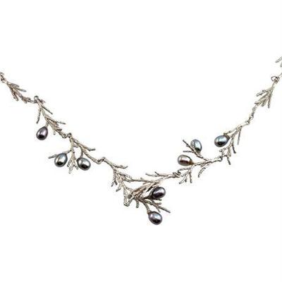 Black Pearl and Sterling Silver Coral Design Necklace