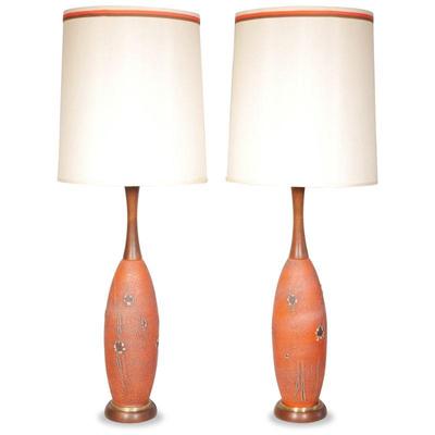 Pair Of MCM Ceramic & Teak Table Lamps