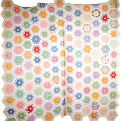 1930s Hand Sewn Grandmother’s Flower Garden Quilt