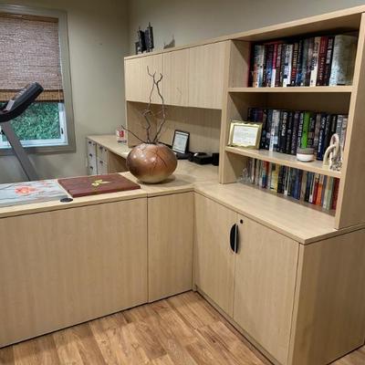 Maple desk set with shelves, file drawers and cabinets - excellent condition