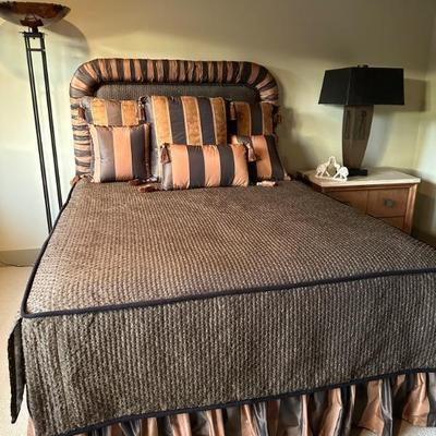 Queen sized bed with fabric headboard and matching linens - nice pillowtop mattress too! Sold as a set