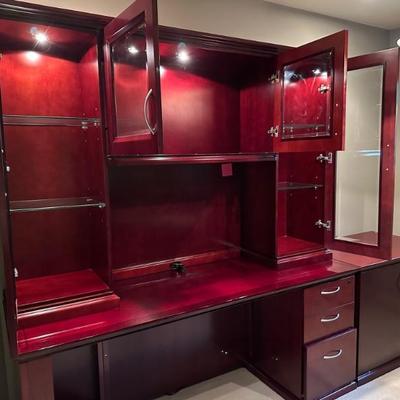 Cherry lacquer desk with lighted cabinets above - includes file drawers