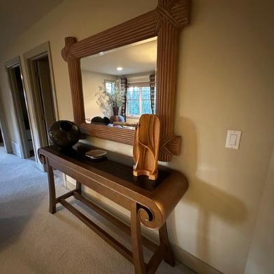 Bamboo style mirror and sofa or entry table with asian infuences