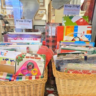 Vintage wrapping paper, shirt boxes, ribbon, and more! 