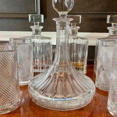 Ralph Lauren Plaid and Houndstooth crystal highball and lowball glasses; beautiful decanters 