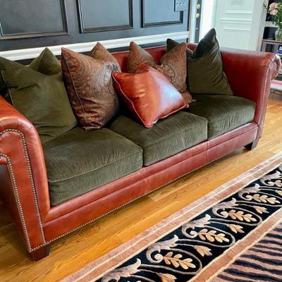 Stylish Ralph Lauren Green Corduroy and leather sofa with pillows, very good condition. 