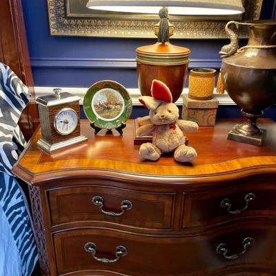 Lovely bedside chests, one of a pair--bow front, beautiful inlay