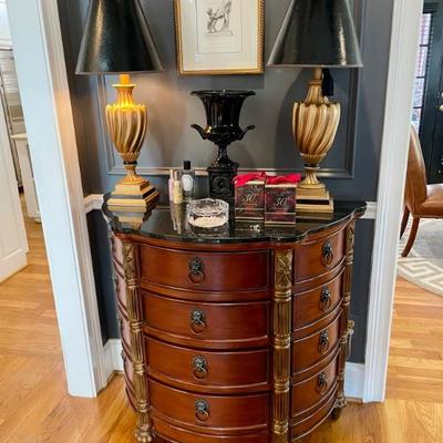 Beautiful Mahogany Side Chest, rounded front, carving and side door closets