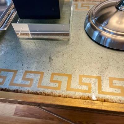 Glass and Iron table with reverse painted glass with Greek key motif