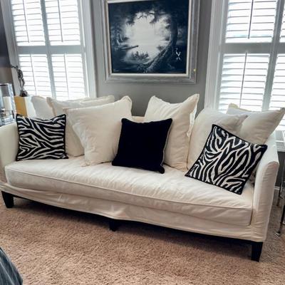 Bernhardt Sofa White with a White Slip Cover and Pillows