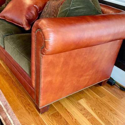 Stylish Ralph Lauren Green Corduroy and leather sofa with pillows, very good condition. 