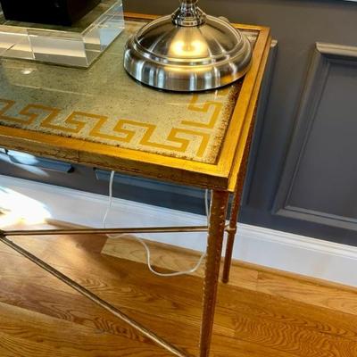 Glass and Iron table with reverse painted glass with Greek key motif