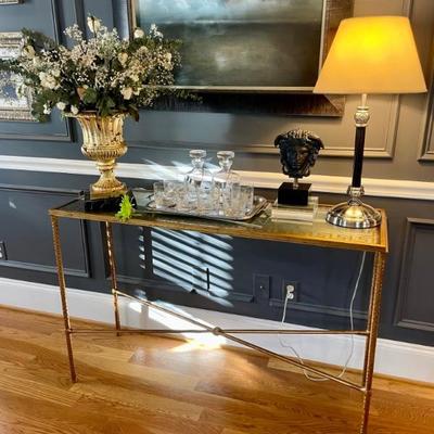 Glass and Iron table with reverse painted glass with Greek key motif