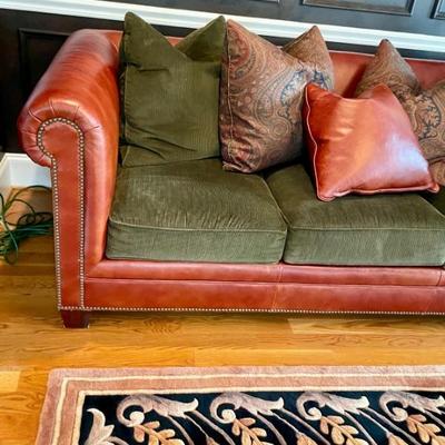 Stylish Ralph Lauren Green Corduroy and leather sofa with pillows, very good condition. 