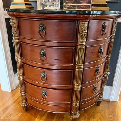 Beautiful Mahogany Side Chest, rounded front, carving and side door closets