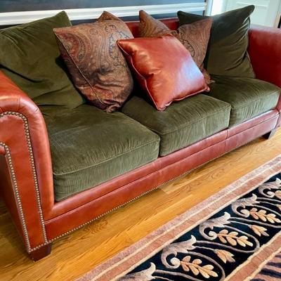 Stylish Ralph Lauren Green Corduroy and leather sofa with pillows, very good condition. 