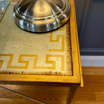 Glass and Iron table with reverse painted glass with Greek key motif