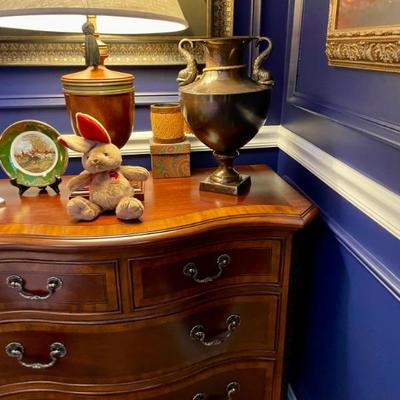 Lovely bedside chests, one of a pair--bow front, beautiful inlay
