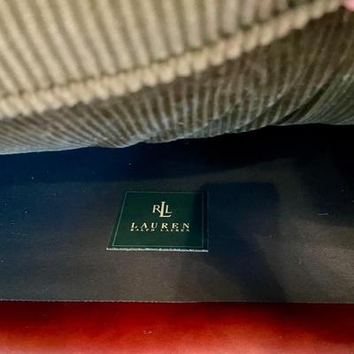 Stylish Ralph Lauren Green Corduroy and leather sofa with pillows, very good condition. 
