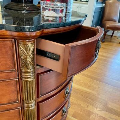 Beautiful Mahogany Side Chest, rounded front, carving and side door closets