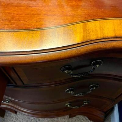 Lovely bedside chests, one of a pair--bow front, beautiful inlay