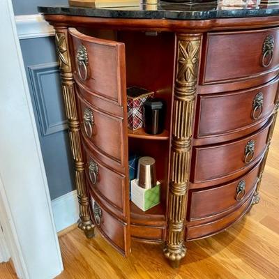 Beautiful Mahogany Side Chest, rounded front, carving and side door closets