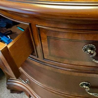 Lovely bedside chests, one of a pair--bow front, beautiful inlay