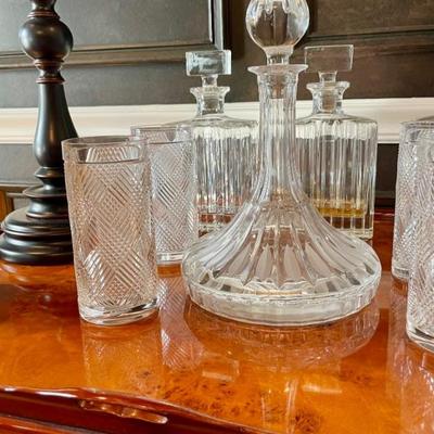 Ralph Lauren Plaid and Houndstooth crystal highball and lowball glasses; beautiful decanters 