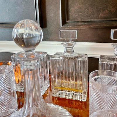 Ralph Lauren Plaid and Houndstooth crystal highball and lowball glasses; beautiful decanters 