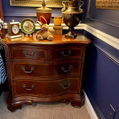Lovely bedside chests, one of a pair--bow front, beautiful inlay