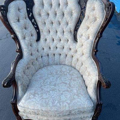 French Provincial throne chairs
These chairs feature intricate wood carvings, upholstered seats, and are in excellent condition with a...