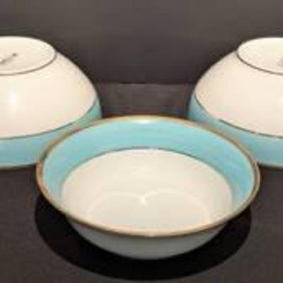 Three J. Seignolles Limoges France Teal Serving Bowls.

All measure 4” high and 9.5” in diameter.