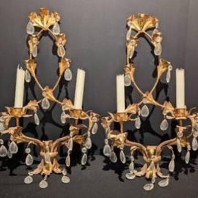 Pair of Gilded Gold and Crystal Candle Wall Sconces.

Each measure 12” wide and 12” high.