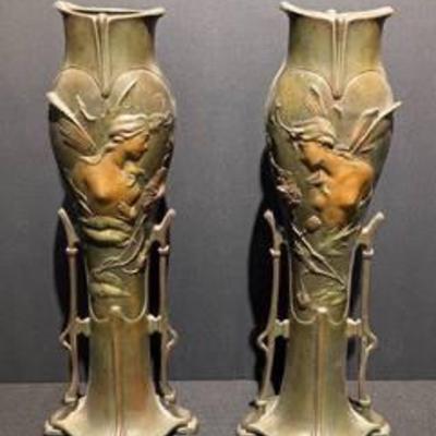 Gorgeous Pair of Vintage Lesueur Art Nouveau Figural Bronze Vases.

Both measure 13.5” high and5” wide at the base.