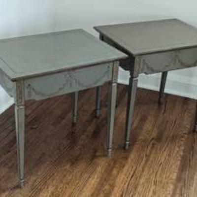 Pair of Green French Style Painted Wood Side Tables by Art and Commerce.

Both appear to be in very good condition.

Each measure 20” x...