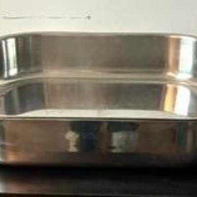 All Clad Roasting Pan 

Measures 17 x 14 x 3.5 inches.