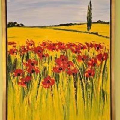 Vibrant Jaline Pol Original Oil on Canvas Painting

Signed textured oil painting of a field of flowers framed in quality gold/black...