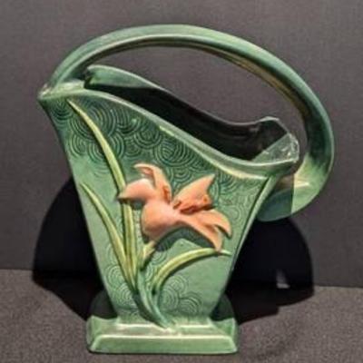 Roseville Pottery Zephyr Lily Handled Vase.

Measures 9” high and 8” wide at the top