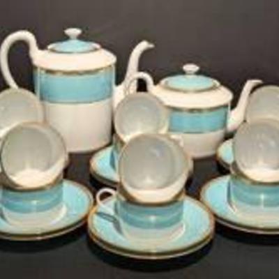 J. Seignolles Limoges France Teal Montreuil Tea Set.

Includes service for twelve. The largest teapot measures 8” high and 9” wide.
