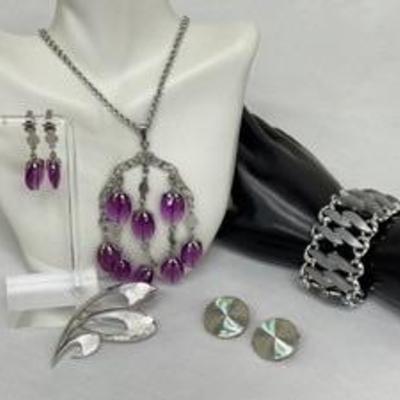 Vintage Sarah Coventry Necklace & Earrings Set, Vintage Trifari Brooch and Vintage Claudette Bracelet 

Also includes a fun pair of...