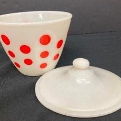 Vintage Fire King Red Polka Dot Grease Jar with Lid

5 1/2" wide x 6" tall

No chips or cracks