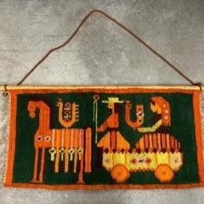 Vintage Maria Domańska Polish Folk Art Handwoven Wool Textile / Hand Knotted Kilem M. Domanska ''Road to the Market” Poland...