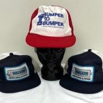 Three Vintage Trucker Style Ball Caps including a Vintage Walker Mufflers and Pipes Ball Cap 