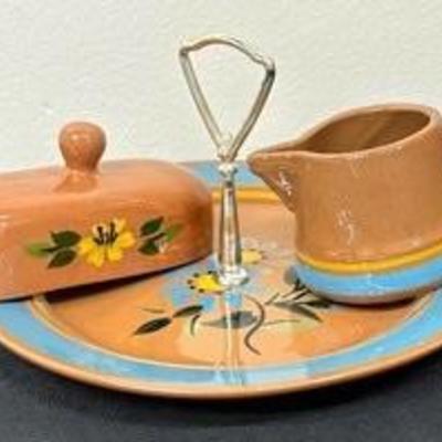 Vintage Stangl Pottery Redstone Tidbit Tray, Creamer and Butter Dish Cover 

The tidbit tray measures 10 inches in diameter 