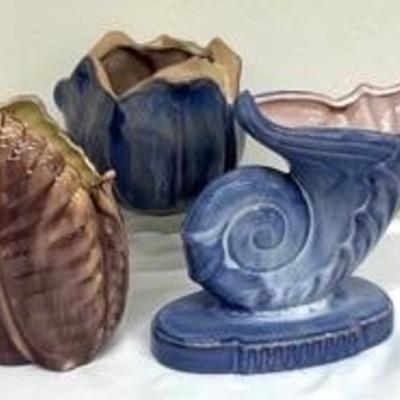 Three Vintage Stangl Pottery Terra Rose Vases including Vintage Stangl Pottery Brown Leaf  Vase