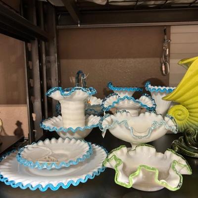 Fenton vintage Aqua and Emerald crest glassware. 