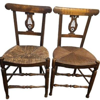 Lot 020  
Harp Back Rush Woven Seat Vintage Chairs, Two (2)